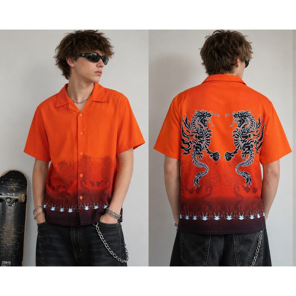 Y2K Dragon Flame Button Up Shirt Boys 18 Mens Small Orange Cyber Streetwear Top
